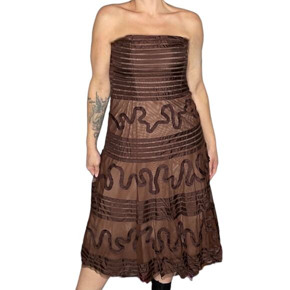 Y2K Vintage Brown Strapless Midi Dress size 8 Tulle and Silk - Picture 2 of 7